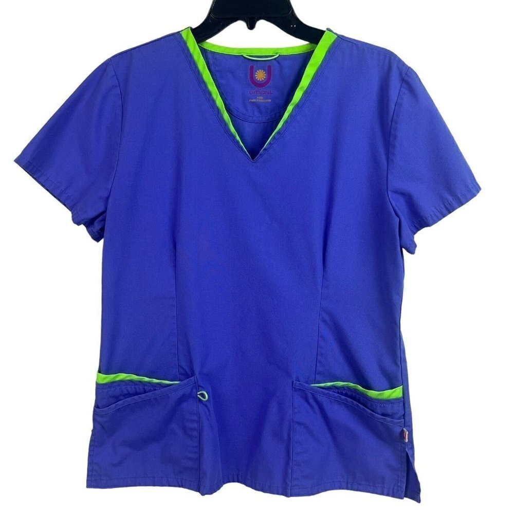 Urbane Womens Scrub Top Purple Green Trim 4 Pocket Medium